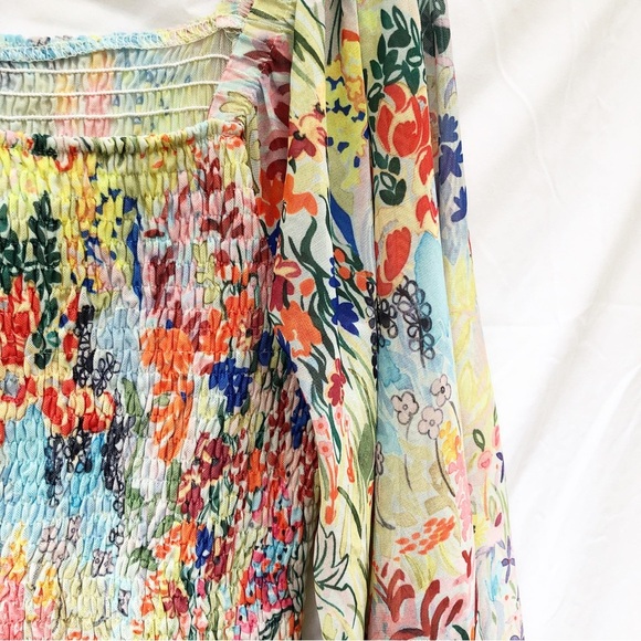 ANTHROPOLOGIE | ROUEN SMOCKED MULTI COLOR FLORAL LONG SLEEVE BLOUSE SIZE LARGE - Picture 9 of 10